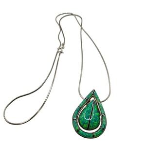 Sterling Silver Green Opal Inlay Teardrop Pendant Necklace Southwest Style 18.5"